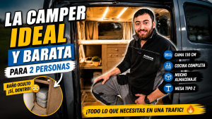 Camper barata para 2 personas en Renault Trafic con cama grande, cocina compacta y distribución cómoda para viajar en pareja con bajo consumo y máxima practicidad.
