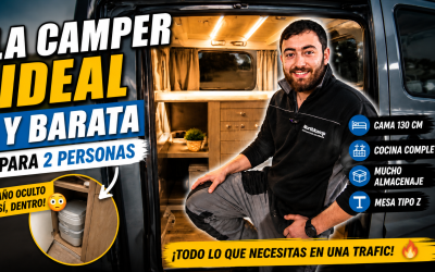 Camper barata para 2 personas en Renault Trafic con cama grande, cocina compacta y distribución cómoda para viajar en pareja con bajo consumo y máxima practicidad.