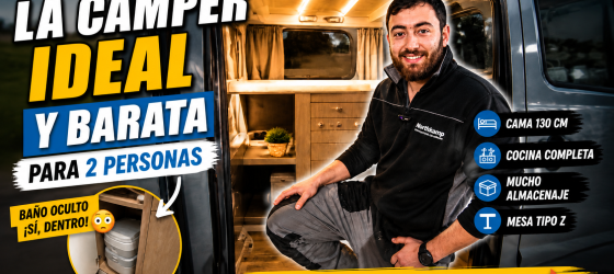 Camper barata para 2 personas en Renault Trafic con cama grande, cocina compacta y distribución cómoda para viajar en pareja con bajo consumo y máxima practicidad.